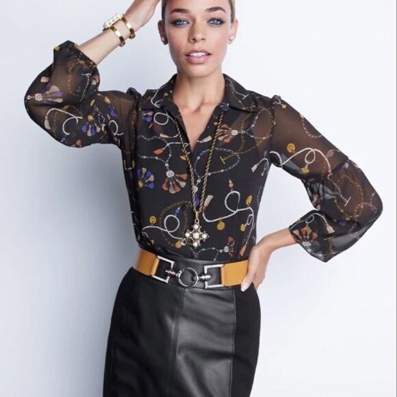 CABI Long Sleeve Button Front Victoria Status Print Semi Sheer Blouse LG - Picture 2 of 10